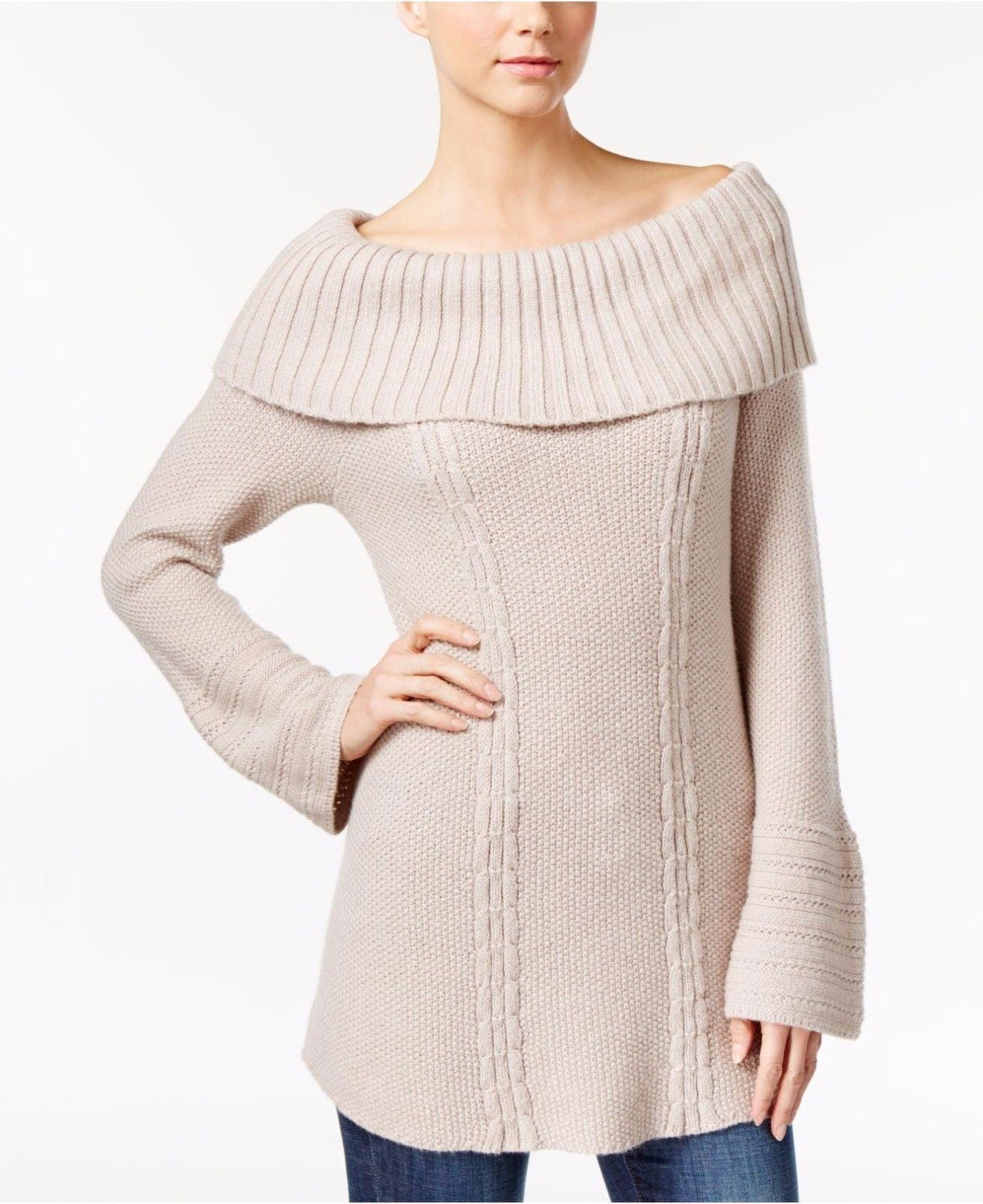 Style Co Petite Foldover OffTheShoulder CableKnit Sweater Oatmeal