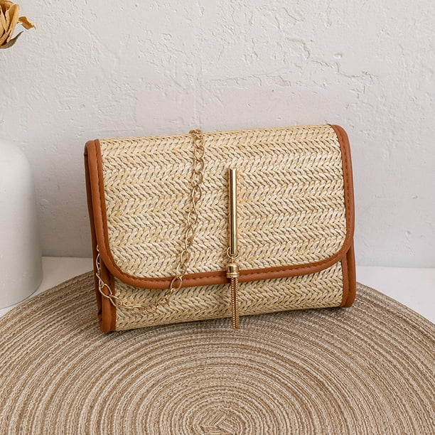Bolso de paja, bolso pequeño, bolso pequeño para mujer, bolso cuadrado pequeño tejido, bolso con cadena y borlas