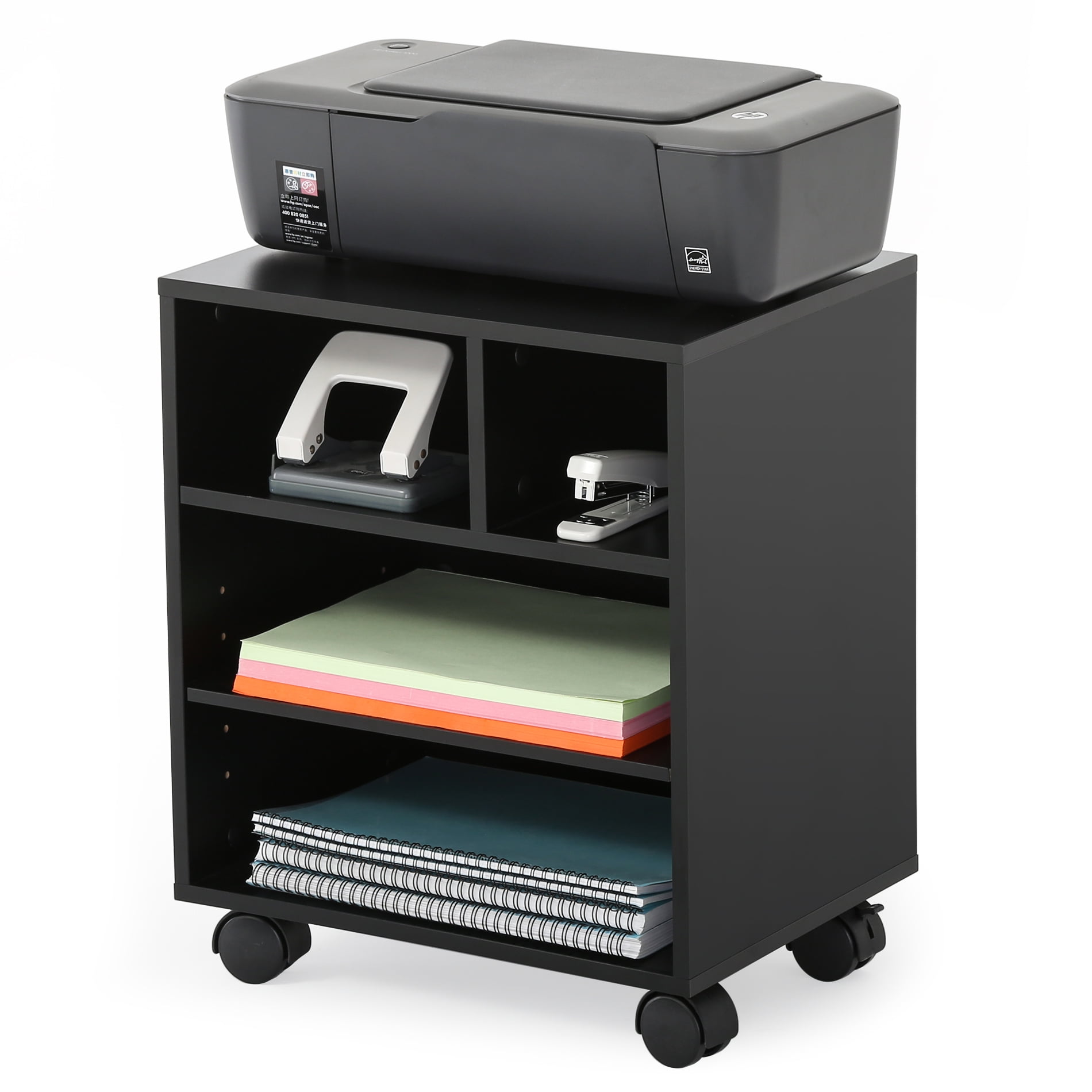 Rolling Printer Stand With Adjustable Storage Black Wood Work Cart On Wheels 