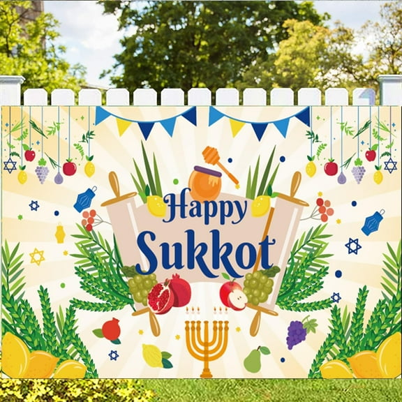 7x5FT Happy Sukkot Pretty Backdrop Banner, Happy Sukkot Backdrop Banner, Jewish Holiday Photography Background for Photo Booth Wedding Birthday Sukkot Party Decorations