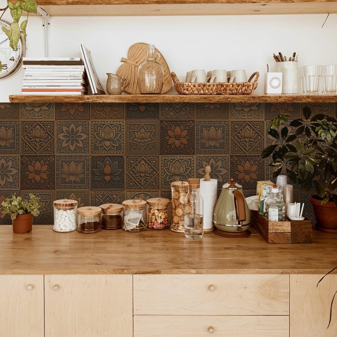 12 Pcs Foaming Board Vinyl Tiles Stickers Wall Decals 5.91" x 5.91" Waterproof Peel and Stick Backsplash Kitchen Brown Gray Flowers Pattern Mural