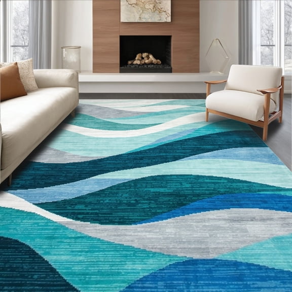ODIKA 4' x 6' Machine Washable Non-Slip Area Rug, Contemporary Waves High Traffic Rug, Blue, 246141