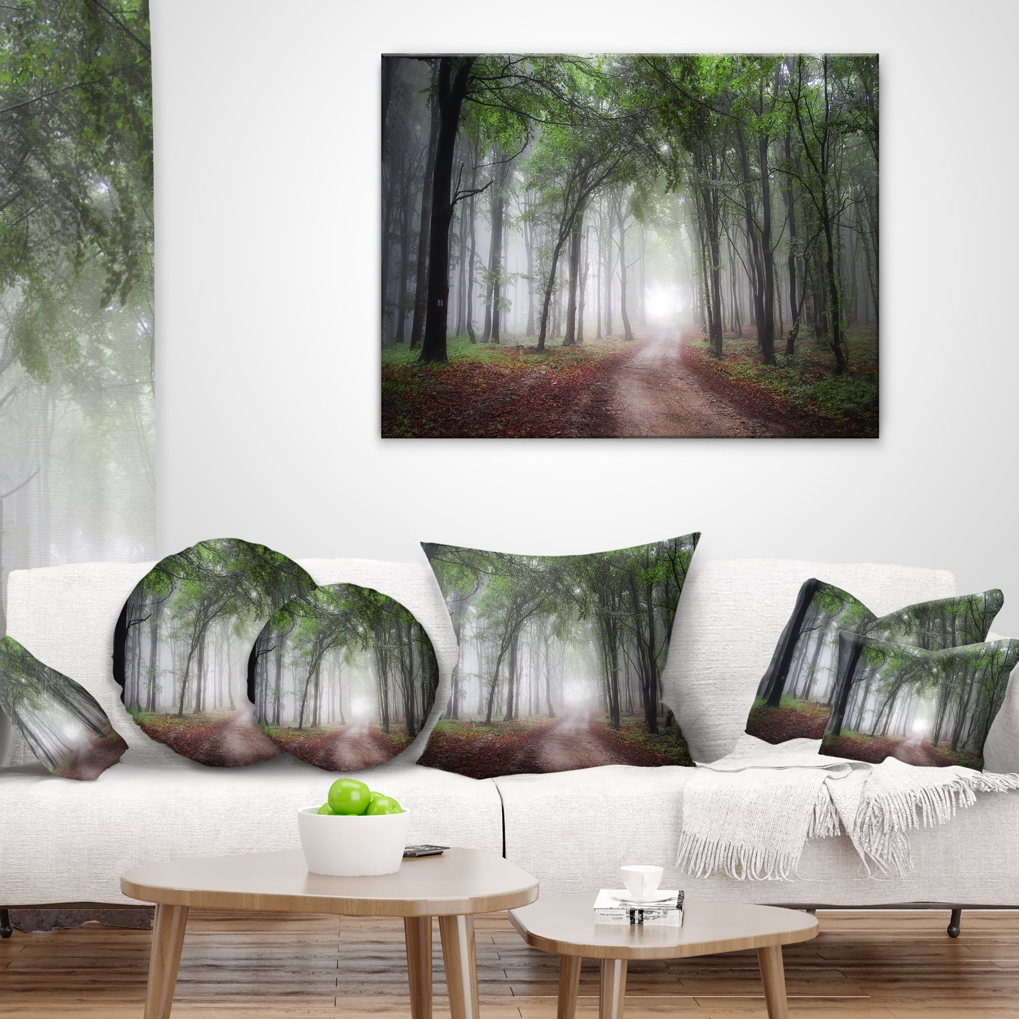 Designart Light Through Green Fall Forest - Landscape Photography Throw Pillow - 18x18