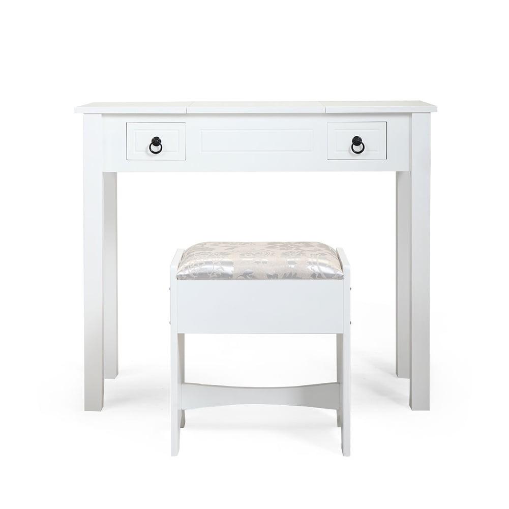 Kadyn Makeup Vanity Set, Vanity Desk with Flip Top Mirror Makeup and 2 Drawers Cushioned Stool 3 Removable Organizers, White