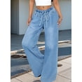 thumbnail image 6 of Wide Leg Jeans for Women Stretch High Wasited Elastic Waist Bell Bottom Baggy Pants Light Blue S, 6 of 9