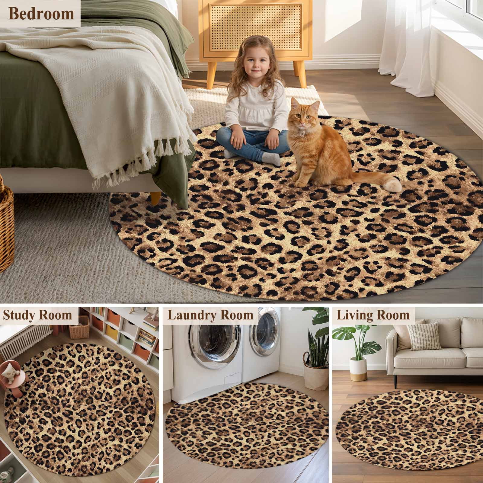 Leopard Printed Round Area Rug 8Ft Washable Large Circle Rugs for Living Room Dorm, Modern Animals Textured Brown Non-Slip Carpet Floor Mats Indoor Outdoor Carpet Runner Aesthetic Home Decor