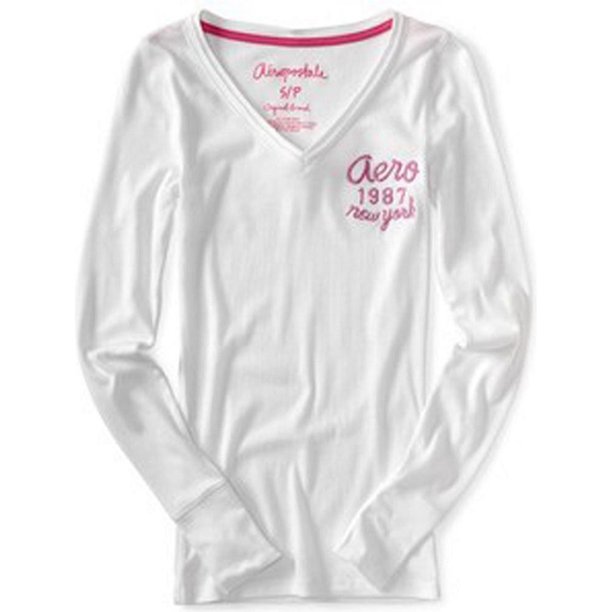 Camiseta gráfica con cuello en V para mujer de Aeropostale, blanca, extra pequeña Aeropostale Camiseta gráfica
