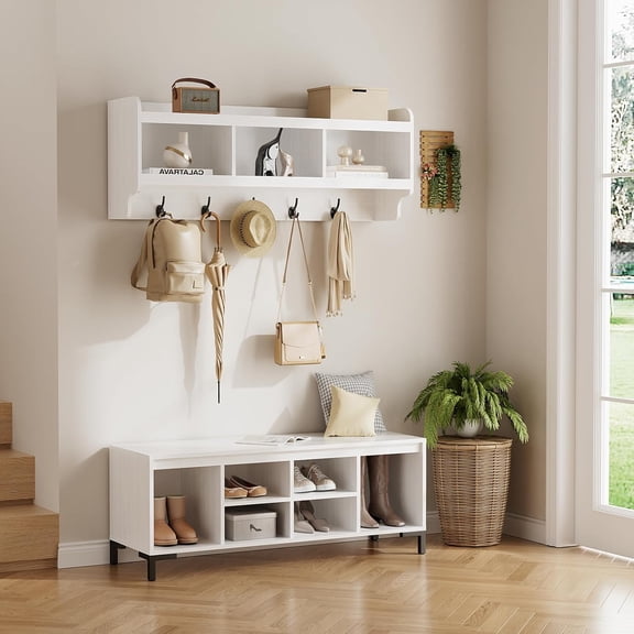 VOWNER Wall Mount Coat Rack Set, Shoe Bench Set with 3 Storage Cubbies, 6 Shoe Cubbies & 5 Coat Hooks, Hall Tree Entryway Bench, White