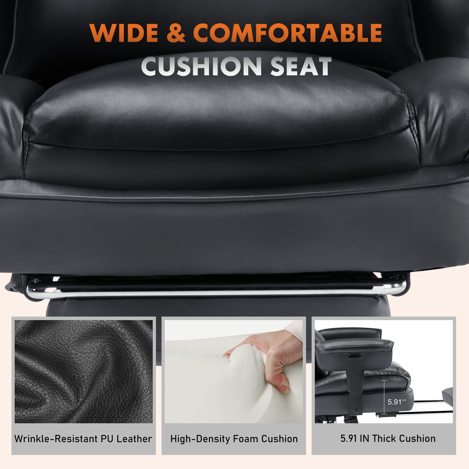 GIANNA Executive Home Office Desk Chair Ergonomic Big Tall High Back with Footrest & Lumbar Support, Reclining Height Adjustable Comfy PU Leather Computer Gaming with Swivel Wheels, Black