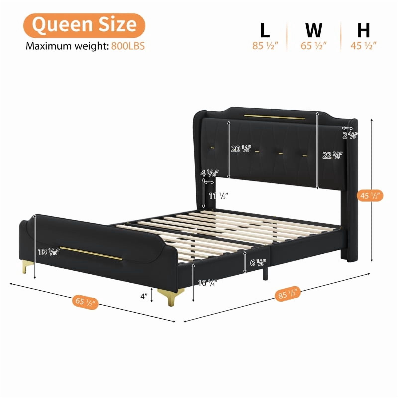 [Luckynote]Queen Size Leather Bed frame with Wingback Headboard & Footboard, PU Upholstered Platform bed, Solid Wooden Slats Support, Easy Assembly