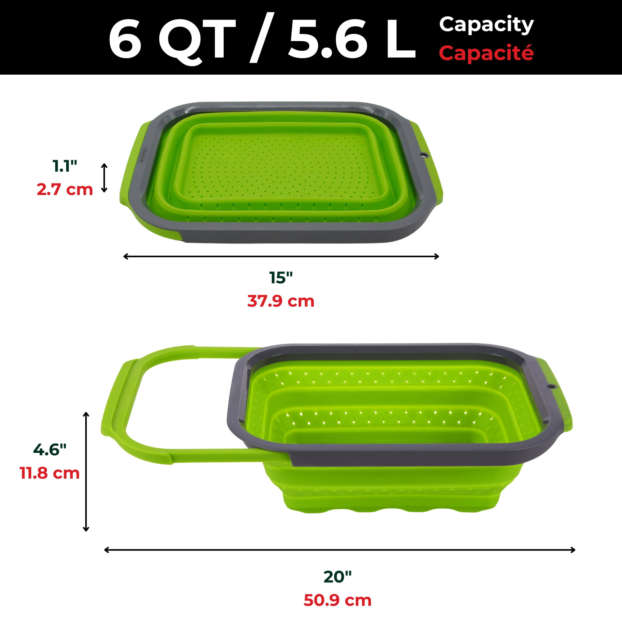 Starfrit Passoire Repliable et Extensible Sur Évier, 6 L, Économie D’Espace, Poignées Extensibles, S’adapte À La Plupart Des Éviers, Drainage Efficace, Rangement Compact, Va Au Lave-Vaisselle Cette passoire Starfrit de 6 L s'étend pour s'adapter à la plupart des éviers grâce à ses poignées télescopiques. Elle se replie à 1 po pour un rangement compact, résiste à la chaleur et offre un drainage rapide grâce à ses pieds surélevés et trous sur les côtés.