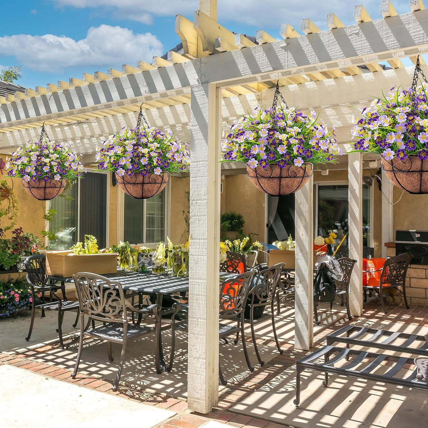 Artificial Hanging Flowers with Basket, Faux Silk Flowers in Coconut Lining Basket, Fake Hanging Plants for Outdoors Indoors Garden Patio Yard Porch Lawn, Purple