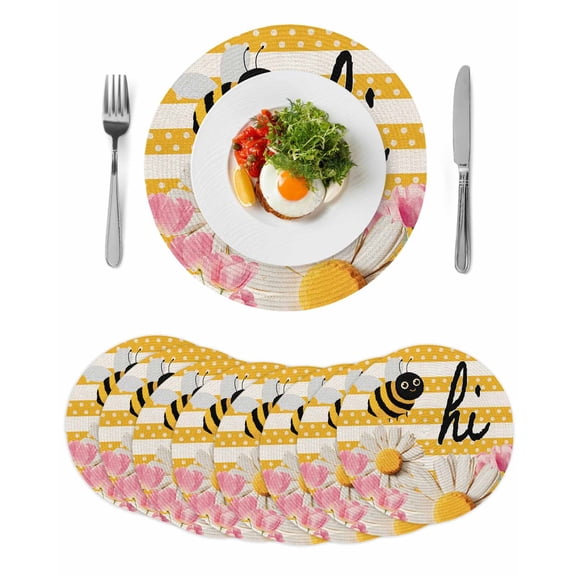 Spring Bees Daisy Round 13 Inch Placemats Set of 8, Rustic Tulips Dots Yellow Striped Burlap HeatResistant Non Slip Place Mats for Dining Table, Wipeable Braided Kitchen Table Mats for Housewarming