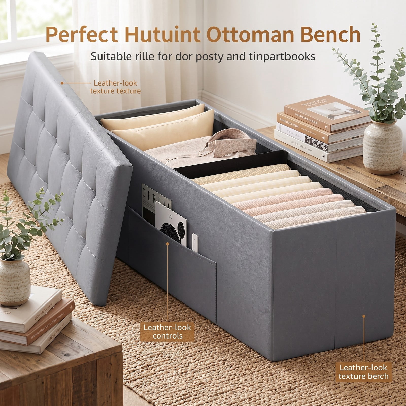 Furnibear 43 Inch Folding PU Leather Storage Ottoman Bench with Divider and Side Pocket for Living Room, Bedroom and Entryway, Gray