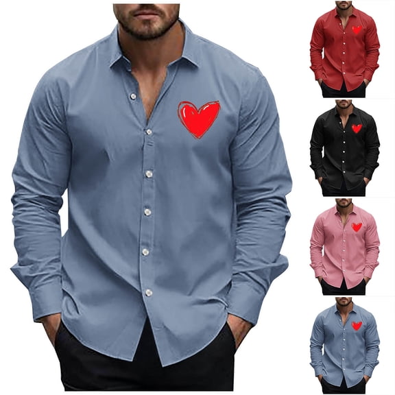 BVOFAR Mens Dress Shirts Heart Print Button Down Shirt Casual Long Sleeve Collared Blouses Valentines Day Shirt