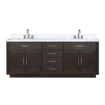 Abbey 84 in W Brown Oak Double Vanity, Carrara Marble Top and Faucet Set