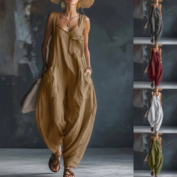 Women's Casual Jumpsuit Dressy V Neck Sleeveless Cotton Linen Overalls Vintage Elegant Wide Leg Cargo Pant Romper Summer Work Vacation Playsuits Army Green XL
