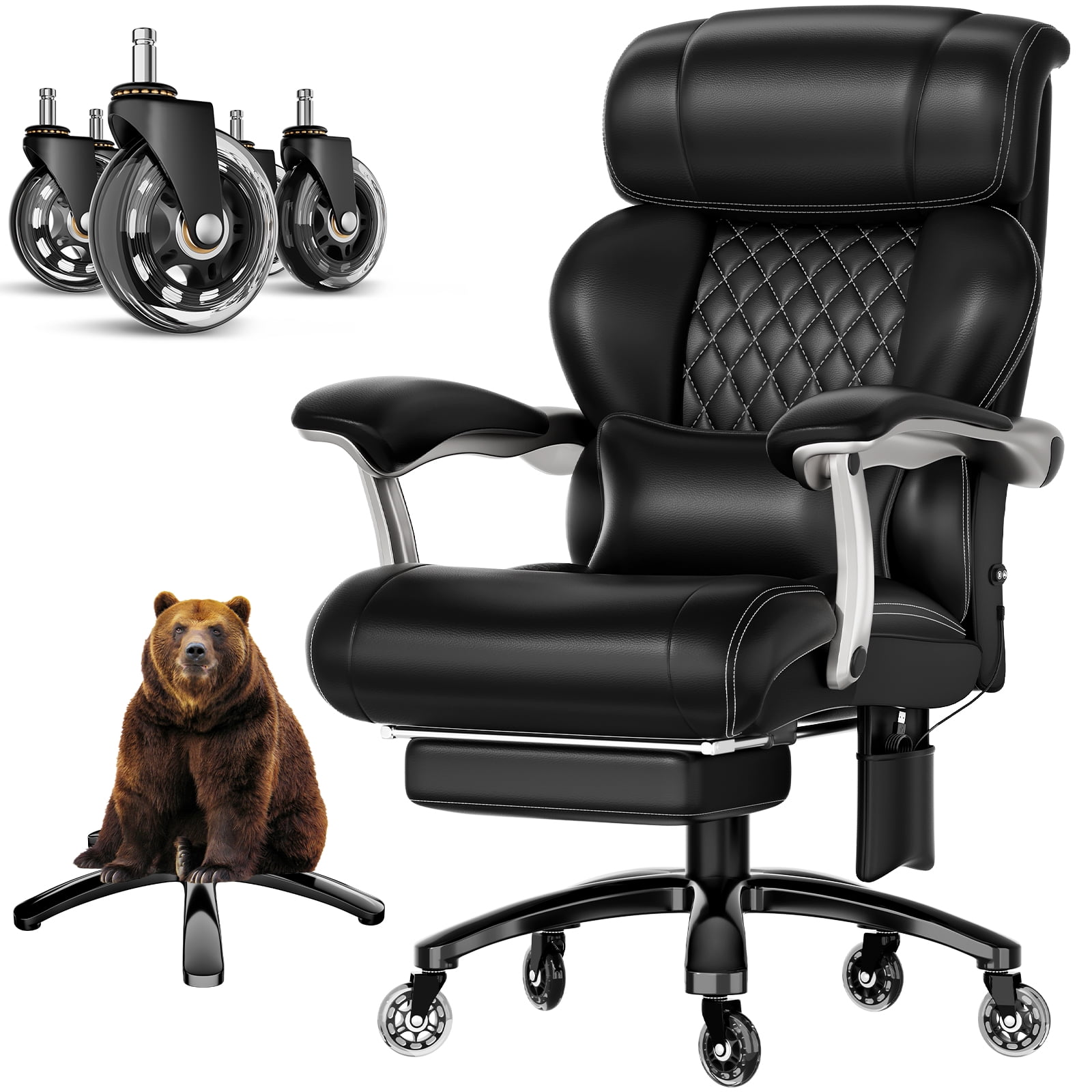 Heavy Duty Big and Tall Office Chair, 7.83Hz Schumann Resonance Relax Chair with Heating Function, Silent Rubber Casters, Thick Padded Seat, Black