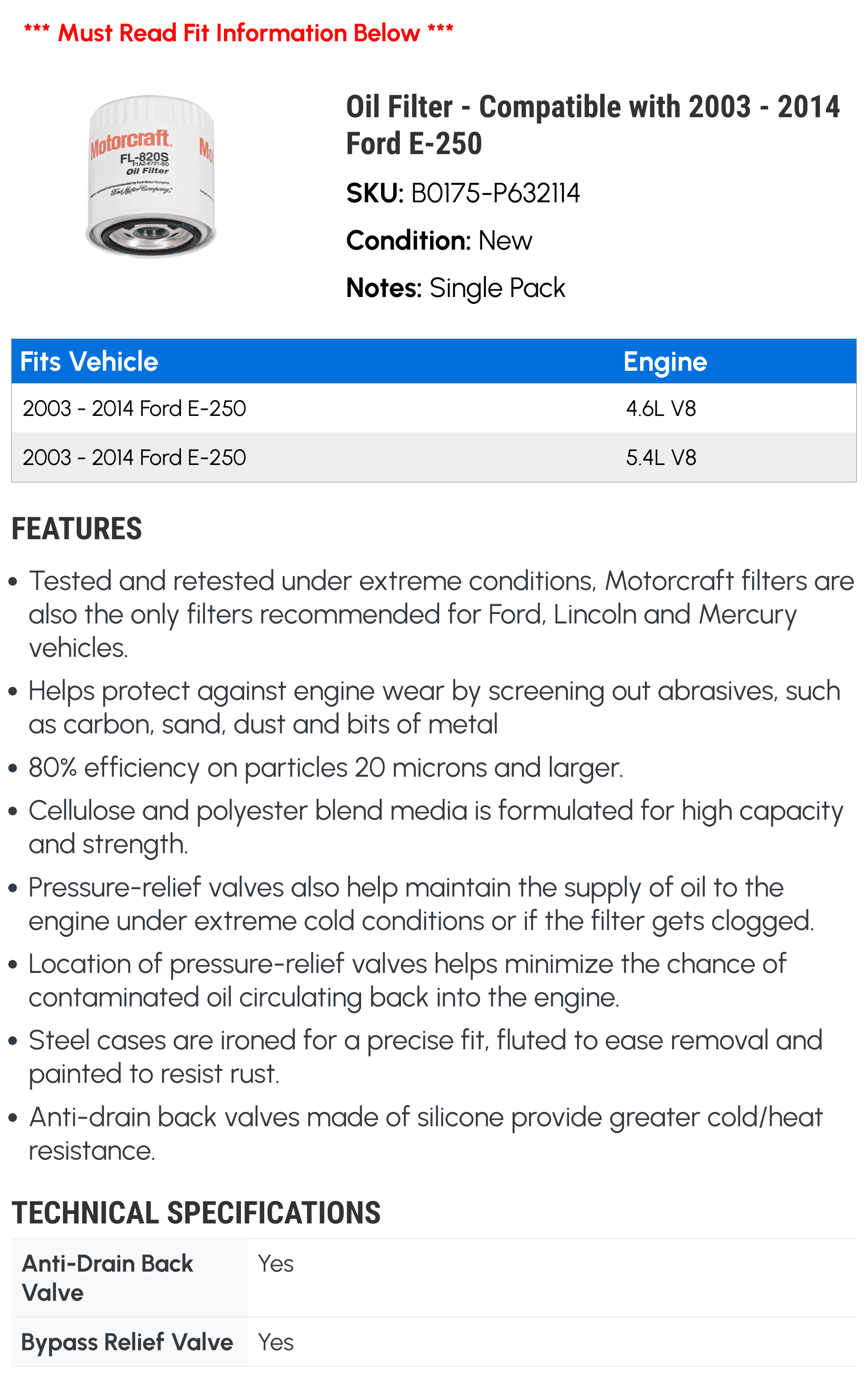 Oil Filter - Compatible with 2003 - 2014 Ford E-250 2004 2005 2006 2007 2008 2009 2010 2011 2012 2013