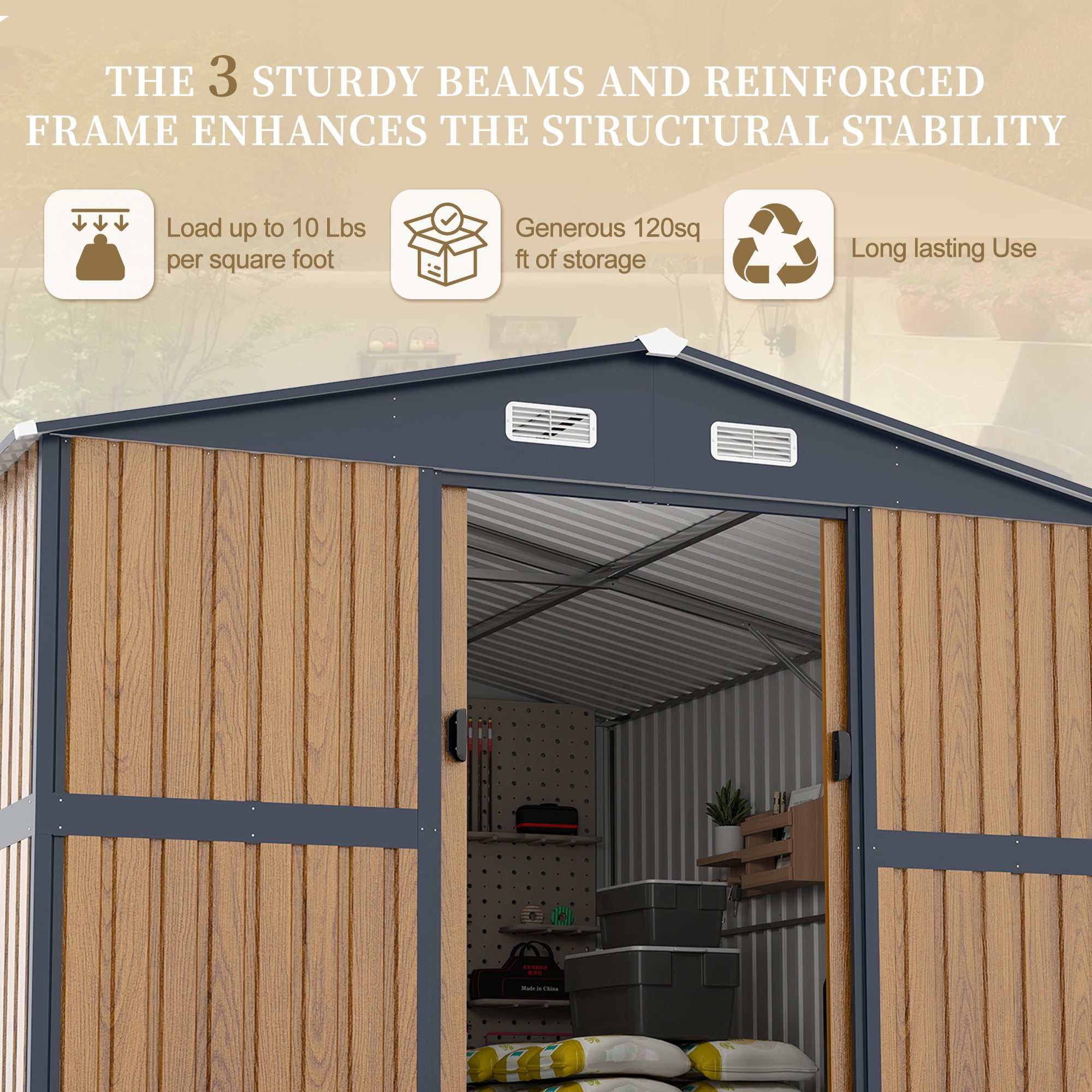 DTTRA 10 x 12 FT Outdoor Storage Shed, Metal Garden Shed with Lockable Doors & 2 Windows, Sloped Roof & 4 Air Vents, Weather-Resistant Backyard Shed for Patio, Tool, Pet or Chicken Coop Storage