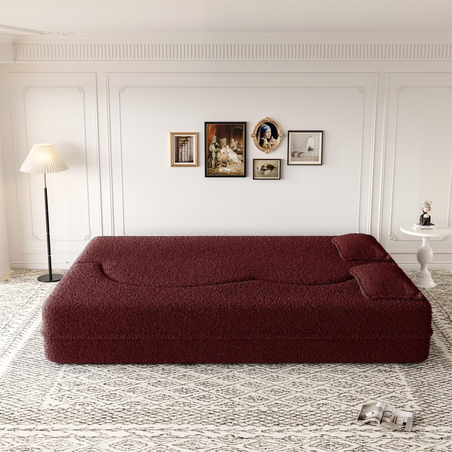 Demi Bonn 78" Modern Floor Sofa Bed with 2 Pillows, Convertible Teddy Fabric Full Size 15" Foam Mattress, No Assembly, Stylish Sleeper Couch for Living Room, Red