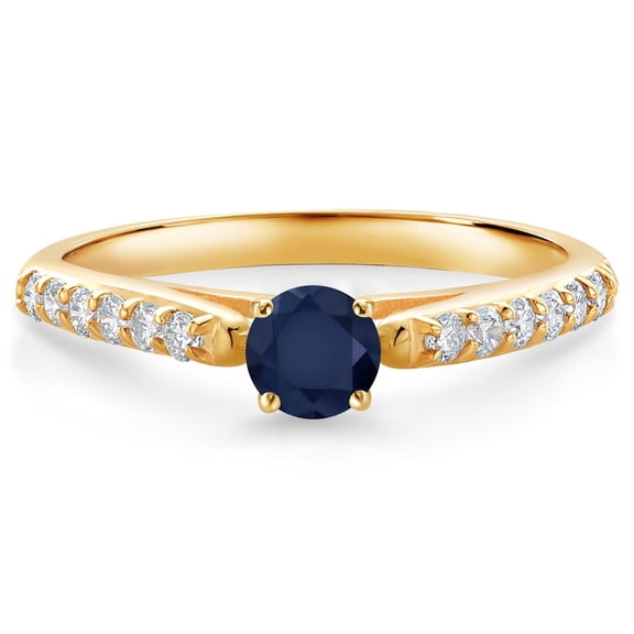 Gem Stone King 10K Yellow Gold Blue Sapphire and White Lab Grown Diamond Engagement Ring for Women (0.53 Cttw, Gemstone September Birthstone, Round 4MM, Size 5)