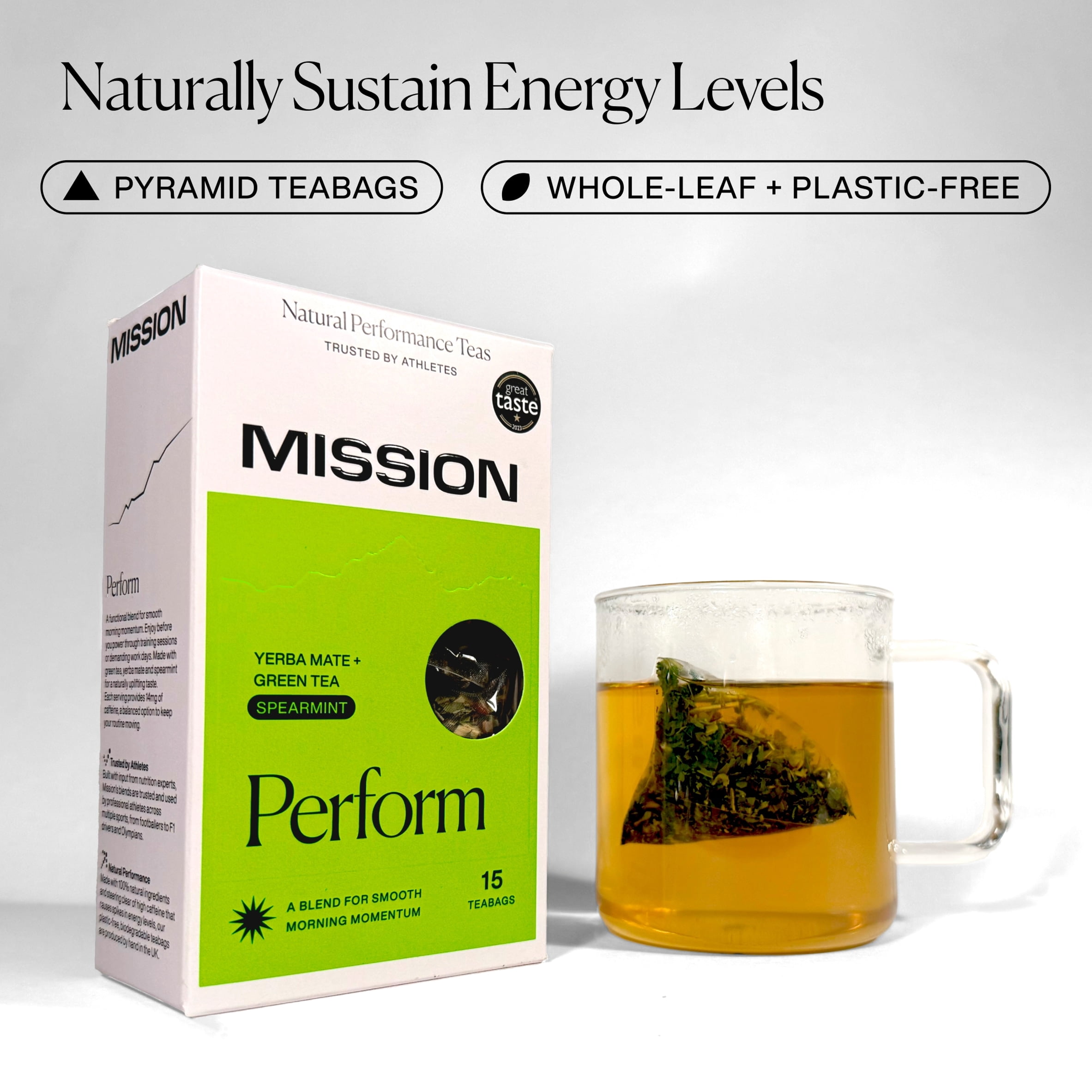 MISSION Perform Yerba Mate with Green Tea, Spearmint 15 Tea Bags 30g, Imported from Britain