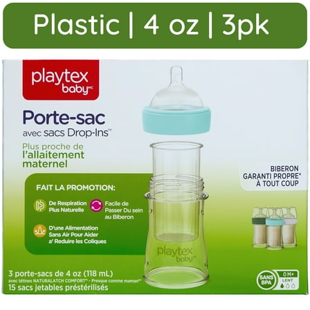 Playtex Baby Nurser Clear Anti-Colic Baby Bottle with 15 Drop-ins Liners, 4 oz, 3 pack