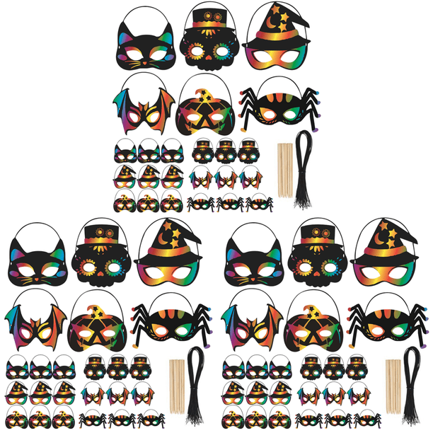 24 Máscaras De Halloween DIY Para Rascar – Arte Arcoíris Con Lápiz De Madera Y Cuerda Elástica, 6 Diseños (Bruja, Calavera, Araña, Calabaza, Gato, Murciélago)