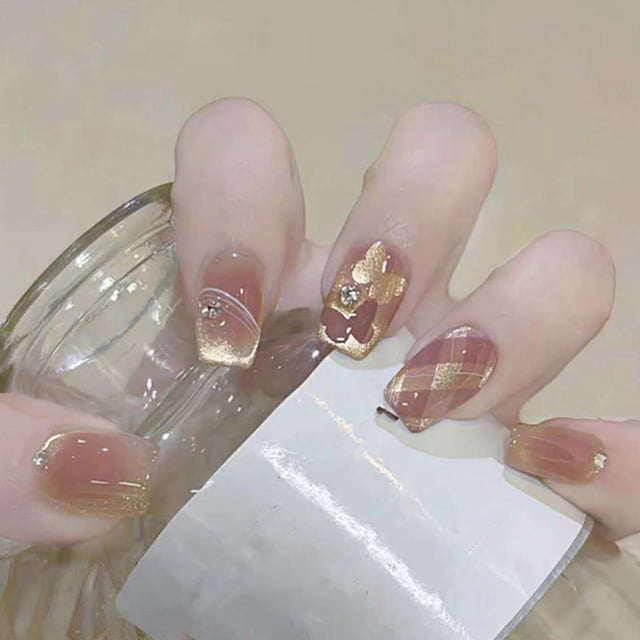 Press on Nail Square Fake Nail with Butterfly Designs Cats Eye Glossy Stick on Nail Glues on Acrylic Nail for Women Girl