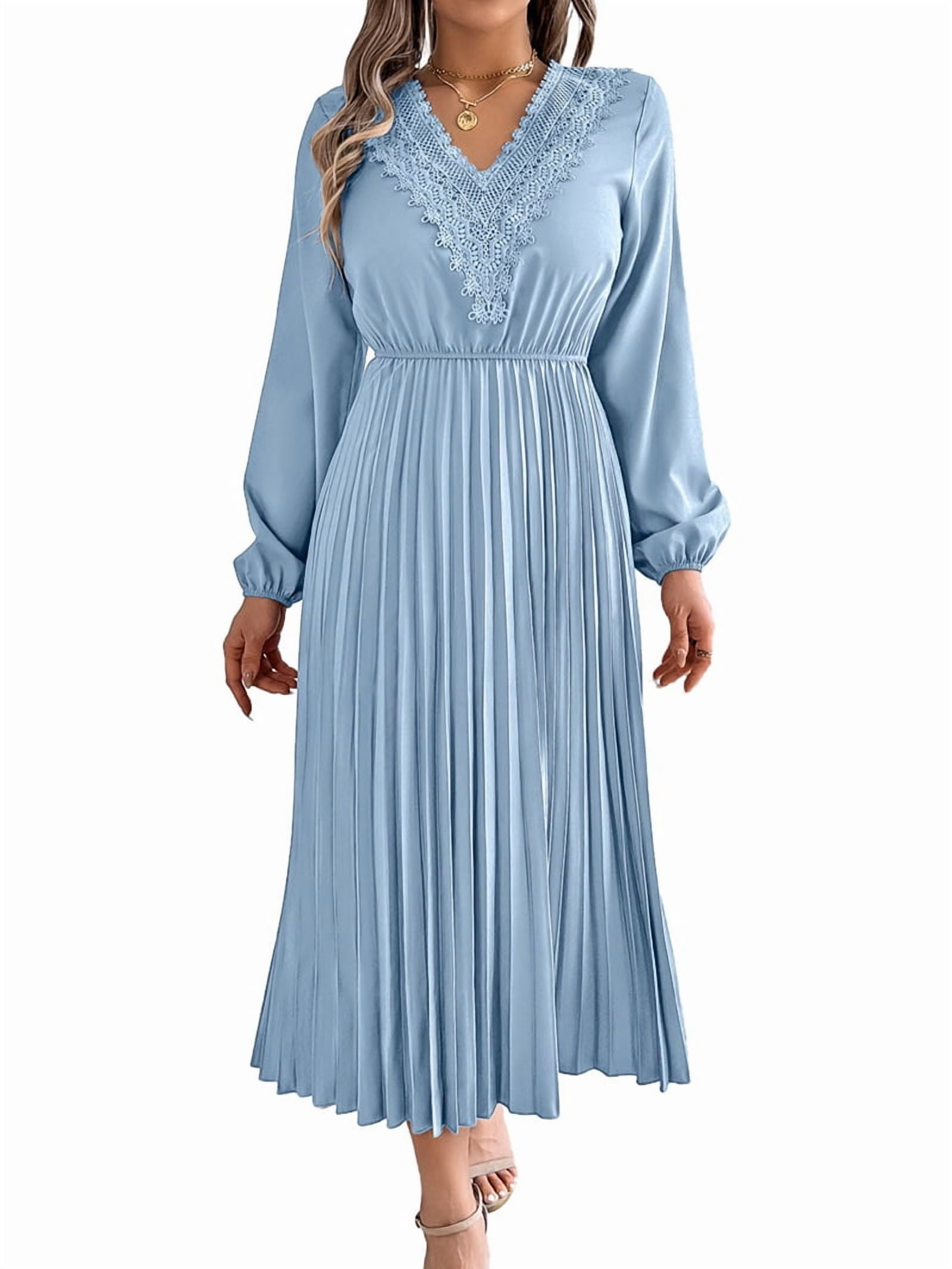 Women Fall Long Sleeve Dress Casual V Neck Pleated A Line Light Blue M