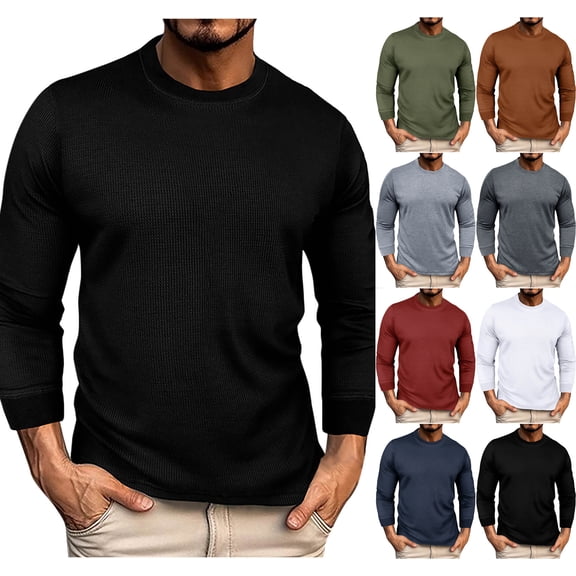 Danhjin Waffle Knit Shirts for Men Crew Neck Long Sleeve Casual Fall Winter Pullover Tops Comfy Outdoor Loungewear Fashion Tees Shirts