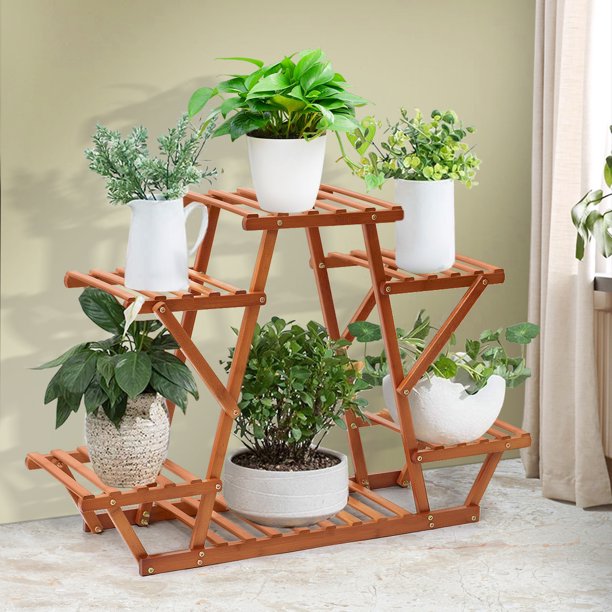 4 Tier Wood Flower Plant Display Stand Indoor Outdoor