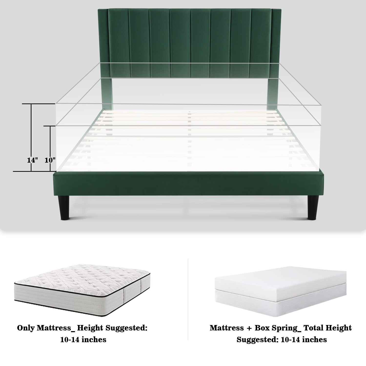 Allewie King Size Velvet Upholstered Bed Frame with Vertical Channel Tufted Headboard, Green
