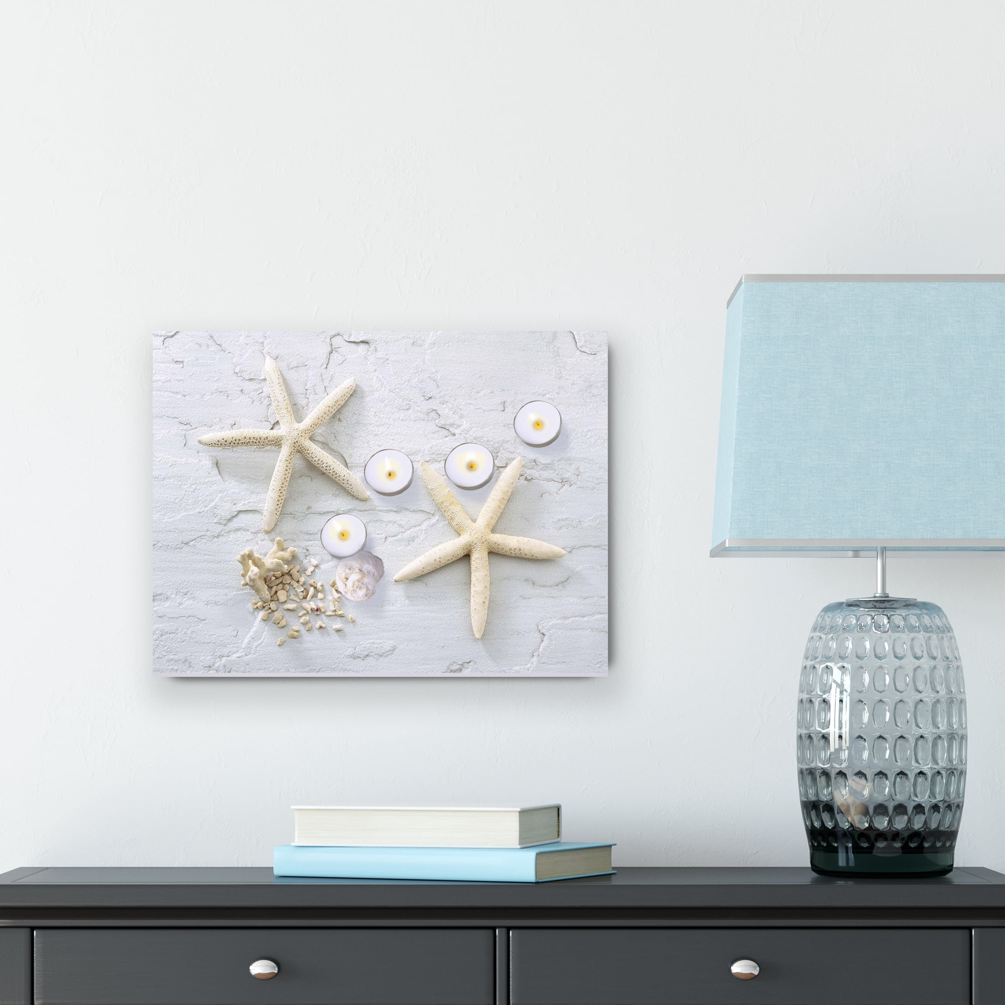 LED Lighted Starfish Seashell and Tea Light Candles Canvas Wall Art 11.75" x 15.75"