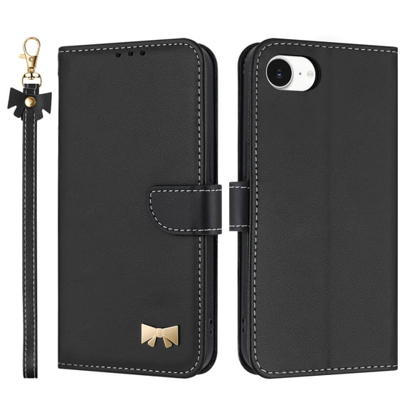for iPhone 16e Wallet Case, Magnetic Closure & Adjustable Kickstand & Card Slots & Shoulder Strap & Wrist Strap Full Body Protection Rugged Phone Case for iPhone 16e, Black