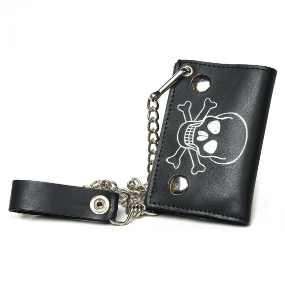 Leatherboss Genuine Leather Biker wallet Trifold Skull and Bones with chain