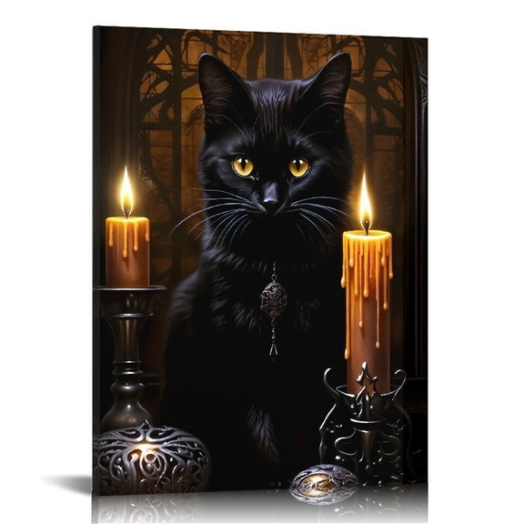 Vintage Halloween black cat Canvas Wall Art Painting ,Gothic Print Pictures for Home Wall Decor Retro Horror Creepy Dark Posters for Living Room Bedroom Bar Home Halloween Party Decor Framed 