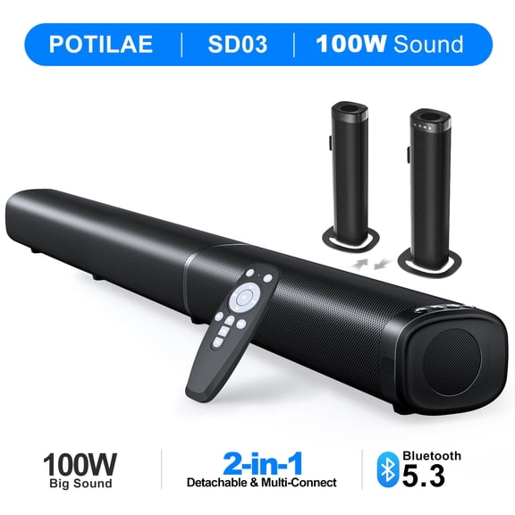 Sound Bar for Smart TV, 100W Bluetooth 5.3 Soundbar, 2-in-1 Detachable Sound Bar for TV, ARC/Optical/AUX, Surround Sound System for TV, Home Theater Speaker TV/PC/Projector
