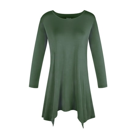 SAYFUT Round Neck Women's Basic 3/4 Sleeve Tunic Tops Irregular Hem Round Blouse for Women Long