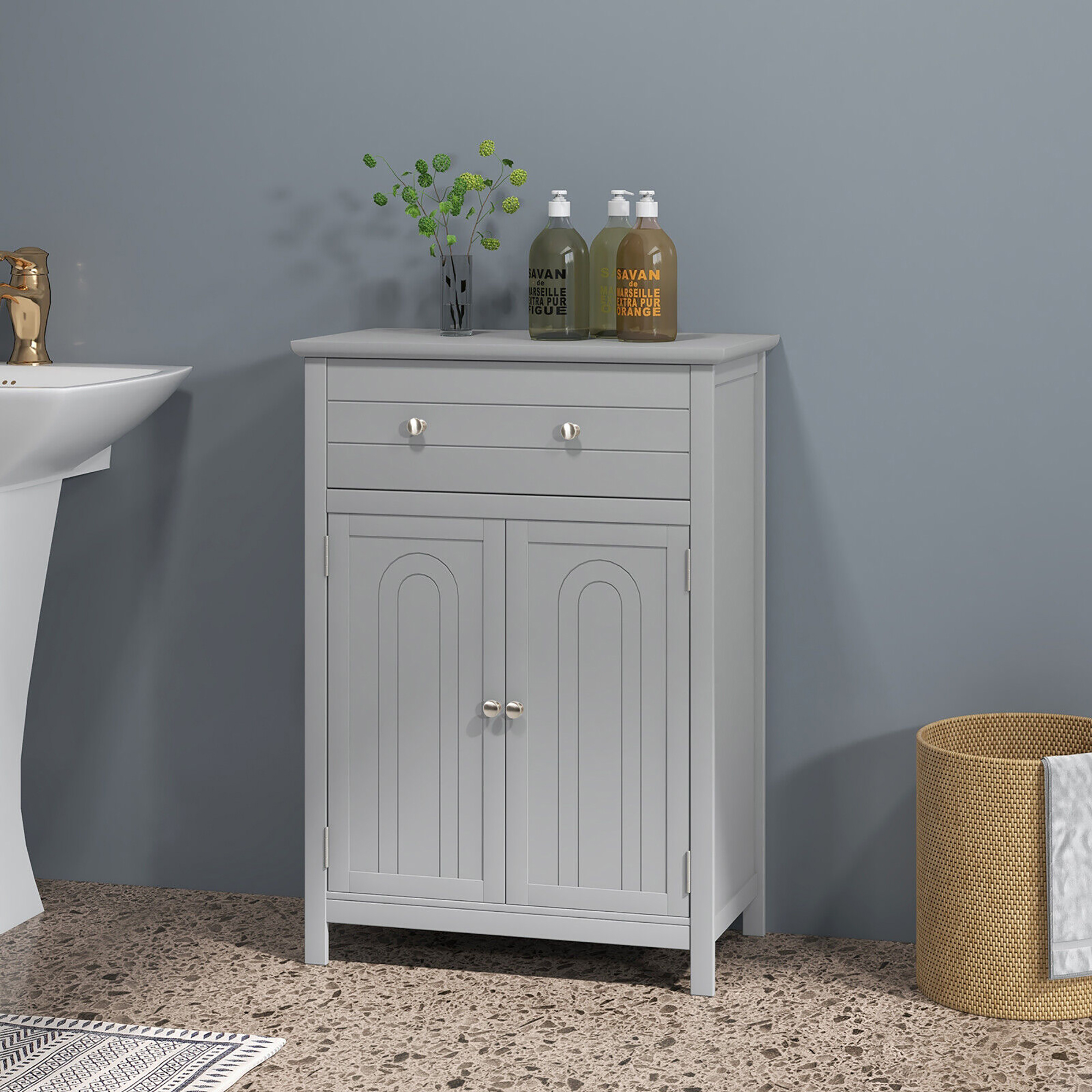 Gymax Bathroom Floor Cabinet Wooden Storage Organizer with Drawer & Doors Blcak