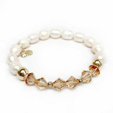 Julieta Jewelry Freshwater Pearl and Champagne Swarovski Crystal Chloe 14kt Gold over Sterling Silver Stretch Bracelet