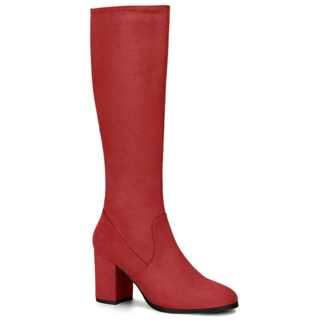 Unique Bargains Bottes Hauteur Genou à Talon Bloc à Bout Rond pour Femmes Rouge 8,5