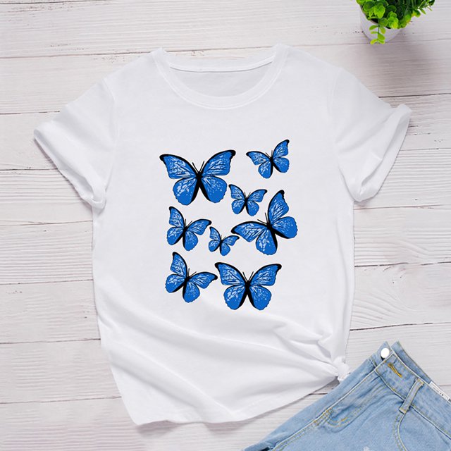 Hauts d'Été pour Femmes Grande Taille en Liquidation Mode Femmes Imprimé Papillon Manches Courtes Col Rond Hauts Graphiques Fantaisie T-Shirt Col en V Femmes en Liquidation