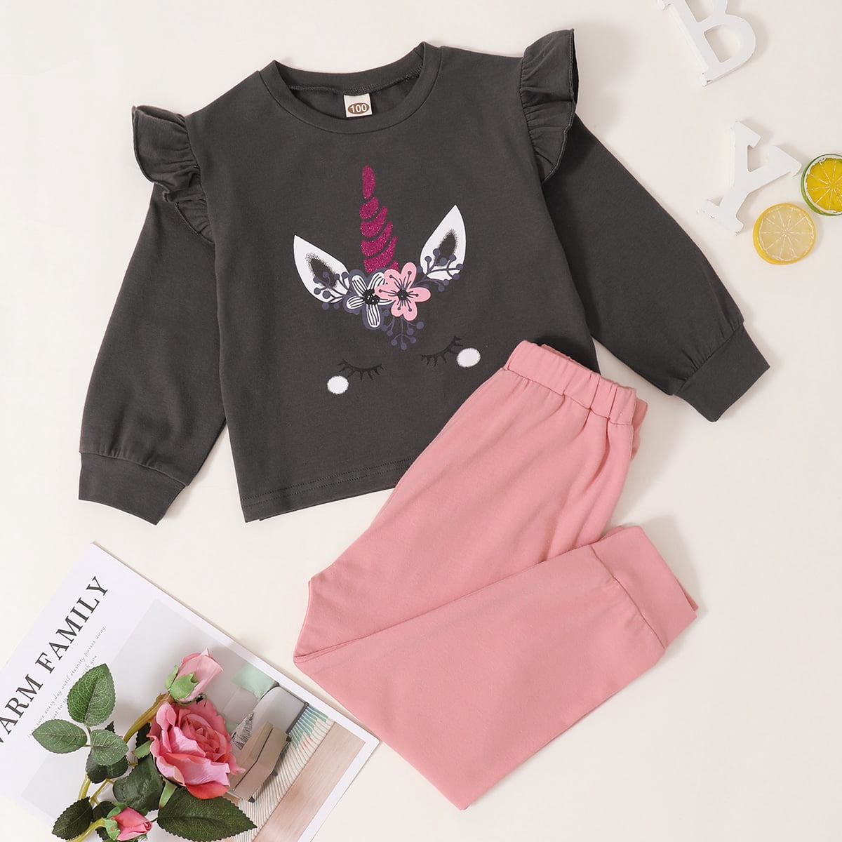 6T Little Girl Fall-Winter Outfits Pants Sets 7T Little Girl Long Sleeve Unicorn Prints Tops Elastic Pants 2PCS Set Gray