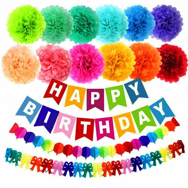 Pack of 15 10" Birthday Paper Pom Poms (12 Colors), Happy Birthday