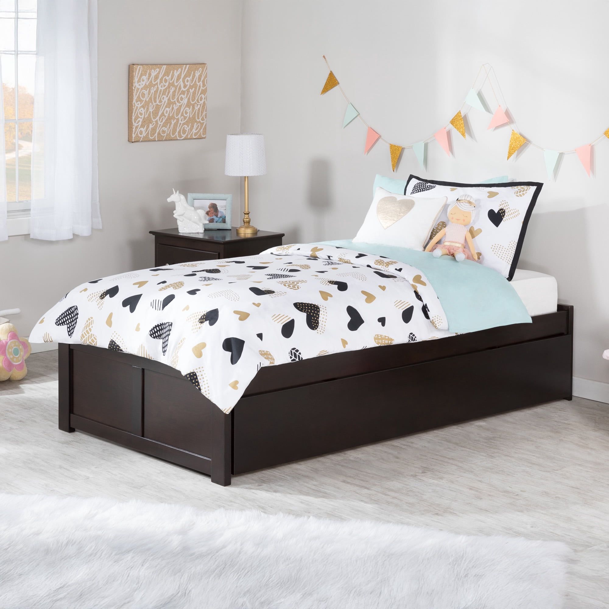 AFI Concord Twin Solid Wood Platform Bed with Footboard & Twin Trundle, Espresso