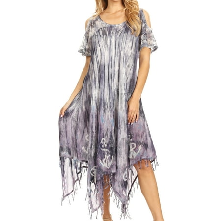 Moss Green Dress - Sakkas Flo Women's Cold Shoulder Loose Fit Midi Casual Summer Dress Cover-up - 19287-Violet - One Size Regular