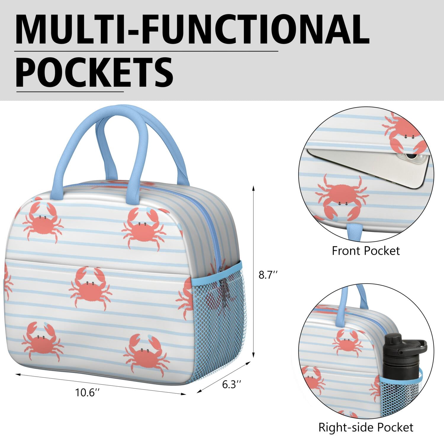 Lunch Bag Women,Cooler Bag for Women Adult Men,Small Leakproof Marine Adorable Crab Lunch Tote Beach Picnic Cooler Tote Bag for Work Office Picnic