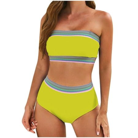 High Waisted Bathing Suits For Women  Tummy Control Swimwear Strapless One Piece Swimsuit Ruched Bathing Suits for Women Slimming Bandeau Tube Top Bikini